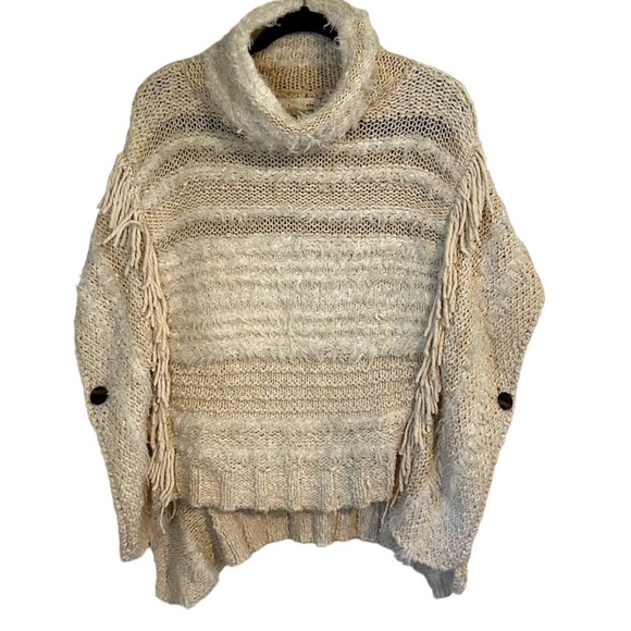 Anthropologie Ivory Marilyn Turtleneck Fringe Knit Poncho Sweater - Picture 3 of 9
